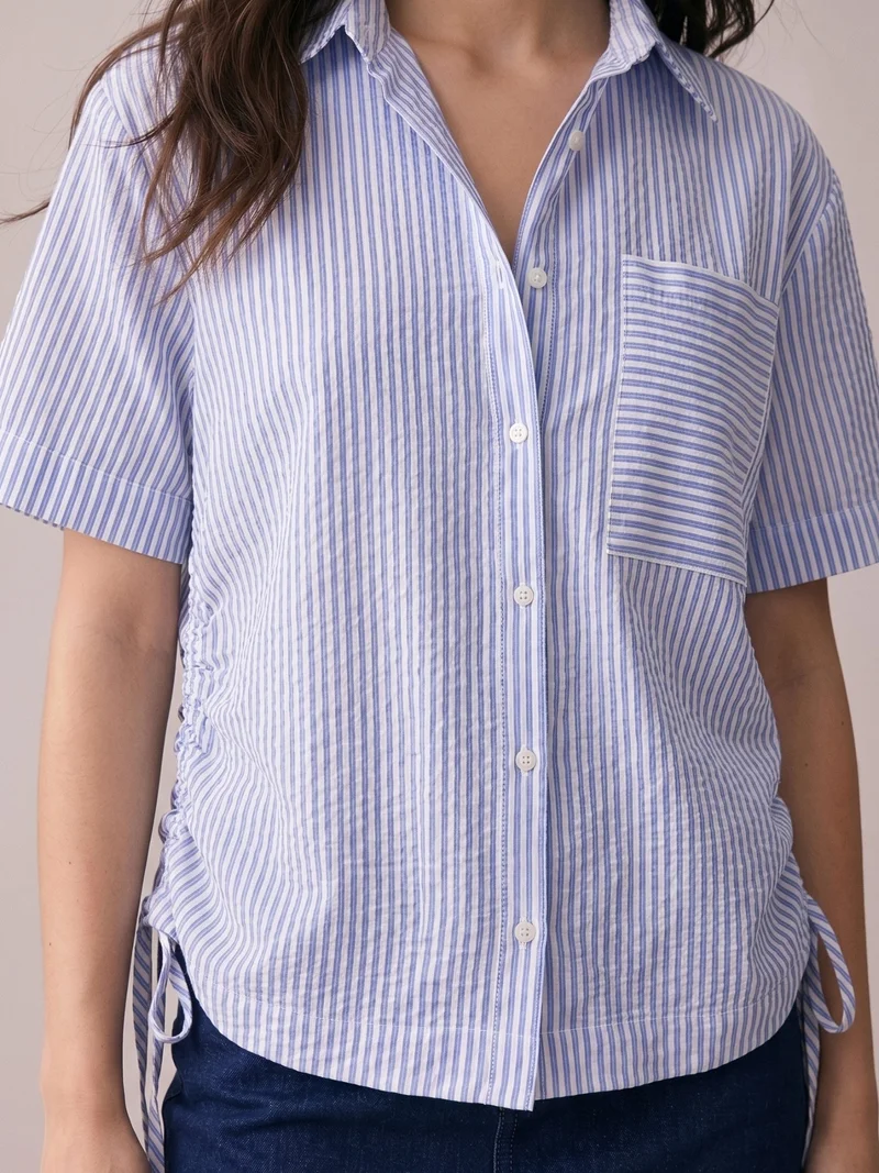 Outzidr  Dark Blue Boxy Shirt With Side Ruching Detail for Women | Best Price UAE