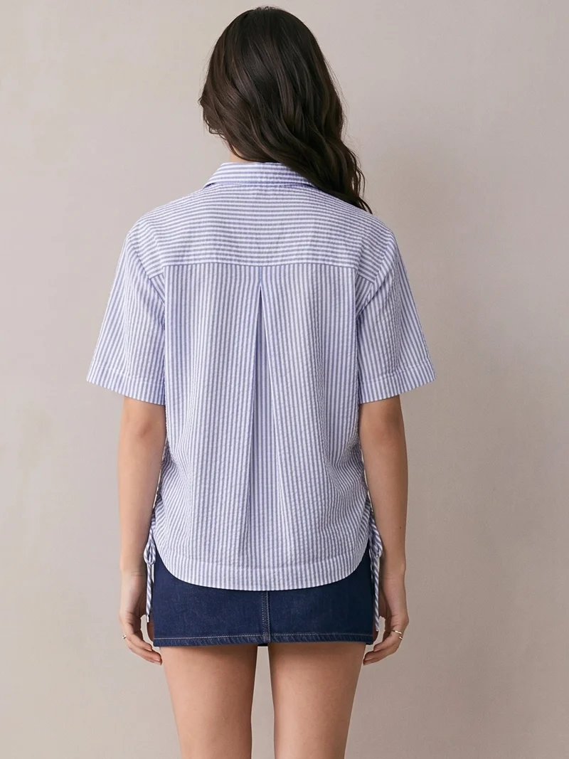 Outzidr  Dark Blue Boxy Shirt With Side Ruching Detail for Women | Best Price UAE