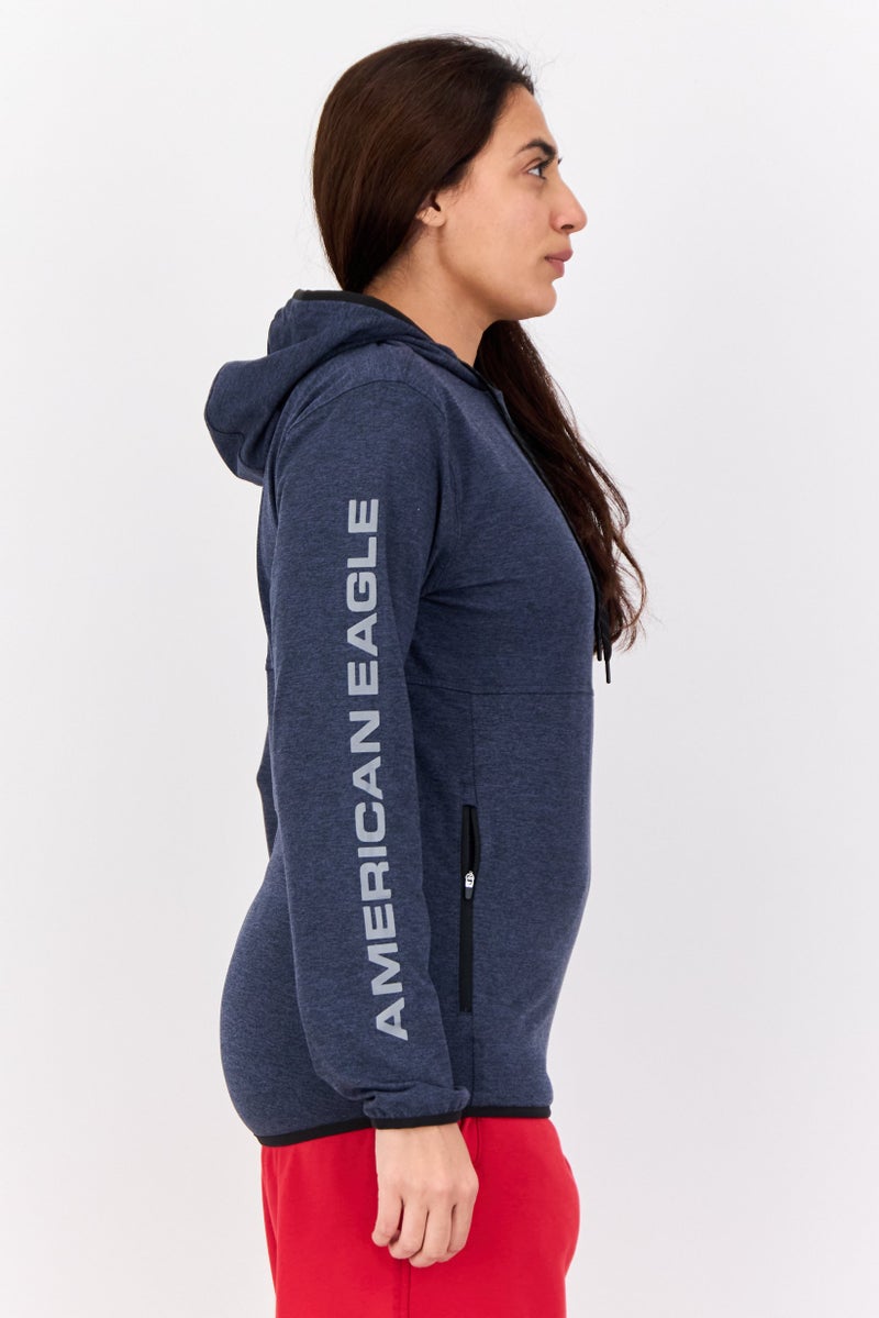 American Eagle Women Heather Long Sleeves Hooded Sweatshirts, Dark Navy - Image 2