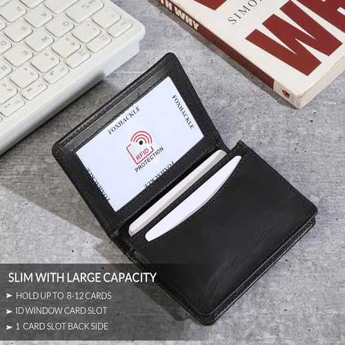 FOXHACKLE Leather Credit Card Holder For Men and Women, Small RFID Blocking Bifold Wallet (With ID Slot, Matte Black) - Image 2