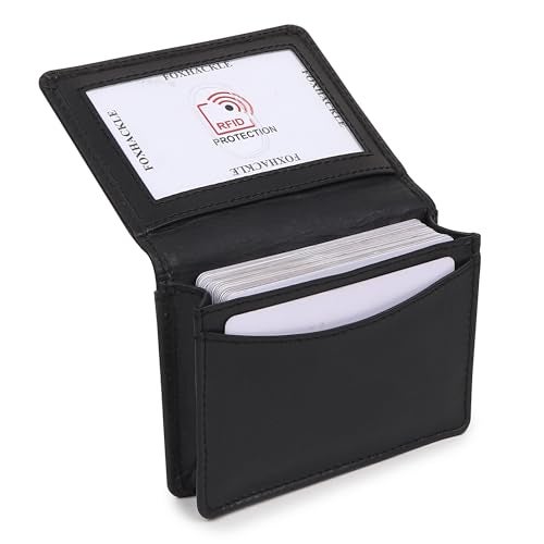 FOXHACKLE Leather Credit Card Holder For Men and Women, Small RFID Blocking Bifold Wallet (With ID Slot, Matte Black) - Image 1