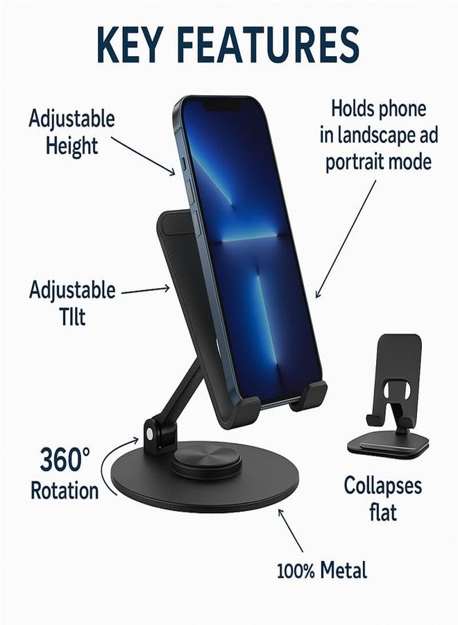 Uncaged Ergonomics 360° Swivel Rotating Adjustable Phone Stand for Desk, Portable & Foldable Cell Phone Stand for Desk, Compact Mobile Stand for Tabletop, Office, Kitchen & Bedroom (Black) - Image 3