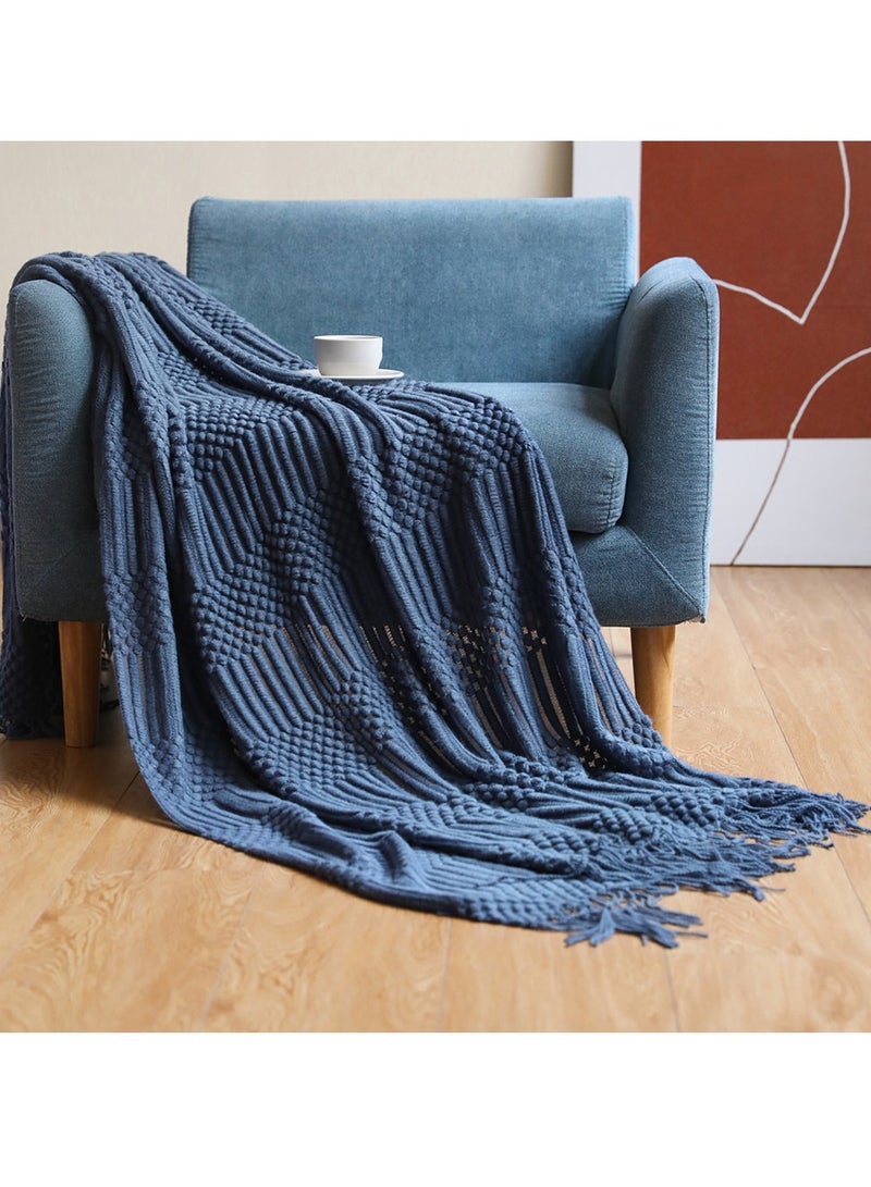 Loquat Tassel Design Textured Soft Throw Blanket Keep Warm Navy Blue 
