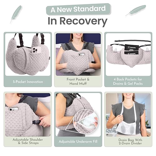MOYOAMA Post Mastectomy Pillow Heart - 4 Pcs Protective Set - Cozy Hand Muff & 5 Built-in Pockets - Breast Surgery Must Haves,Breast Reduction Recovery Supplies, Breast Augmentation,Post Op Essentials - Image 3