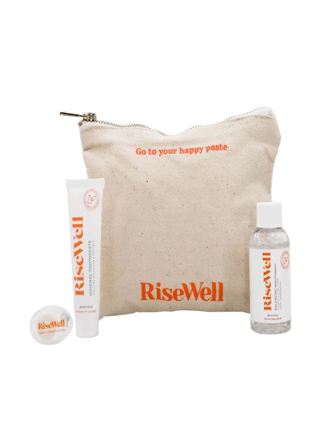 RiseWell Travel Dental Kit - Hygiene Essentials Includes Mineral Toothpaste, pH Balancing Travel Mouthwash, Natural Dental Floss & Reusable Canvas Tote - TSA Approved - Dentist Made Oral Care Set - Image 1