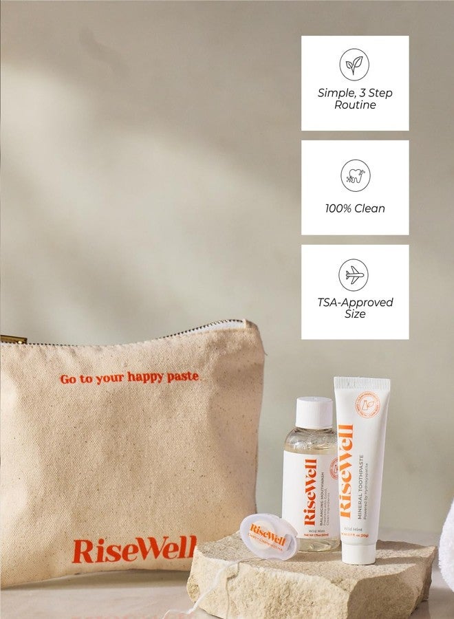 RiseWell Travel Dental Kit - Hygiene Essentials Includes Mineral Toothpaste, pH Balancing Travel Mouthwash, Natural Dental Floss & Reusable Canvas Tote - TSA Approved - Dentist Made Oral Care Set - Image 2
