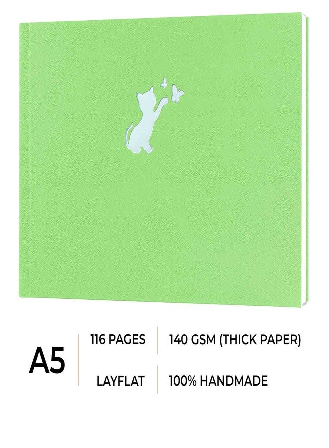 MENORAH مينورا - دفتر رسم للفنانين A5 - دفتر رسم - 140 غرام/متر مربع - (58 ورقة / 116 صفحة) - (المقاس: 14.8 سم × 21.0 سم) - دفتر رسم كاساتا - مصنوع يدويًا بالكامل - (أخضر تفاحي - قطة صغيرة) - منظر طبيعي - Image 2