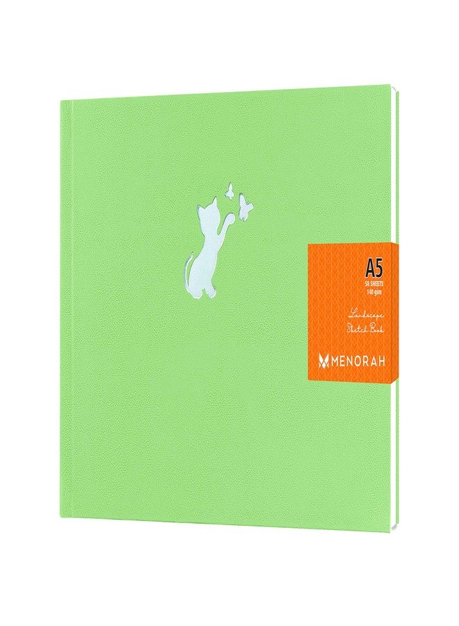 MENORAH مينورا - دفتر رسم للفنانين A5 - دفتر رسم - 140 غرام/متر مربع - (58 ورقة / 116 صفحة) - (المقاس: 14.8 سم × 21.0 سم) - دفتر رسم كاساتا - مصنوع يدويًا بالكامل - (أخضر تفاحي - قطة صغيرة) - منظر طبيعي - Image 1