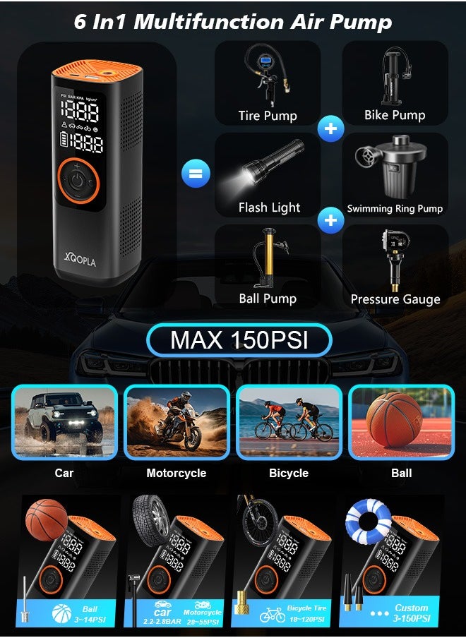 Xoopla - Car Tyre Inflators 150PSI Portable Air Compressor ，Automatically Stop Tire Inflator ，Car Air Pump with Digital LCD Display And Emergency lighting 5 Modes Electric Pump for Car Bike Ball Motorcycle，7500mAh Battery and Power Bank Function - Image 1