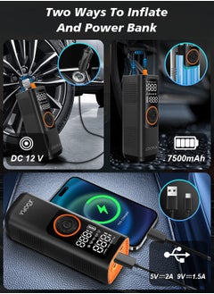 Xoopla Car Tyre Inflators 150PSI Portable Air Compressor ，Automatically Stop Tire Inflator ，Car Air Pump with Digital LCD Display And Emergency lighting 5 Modes Electric Pump for Car Bike Ball Motorcycle，7500mAh Battery and Power Bank Function  - Image 3