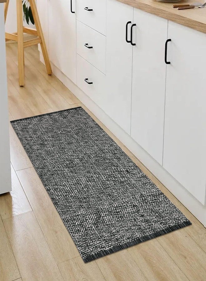 LEEVAN Washable Kitchen Rugs 2' x 4.3', Black Boho Bathroom Rugs Cotton Reversible Runner Rug, Farmhouse Entryway Rug Modern Bedroom Carpet for Foyer Laundry Proch Decor - Image 1