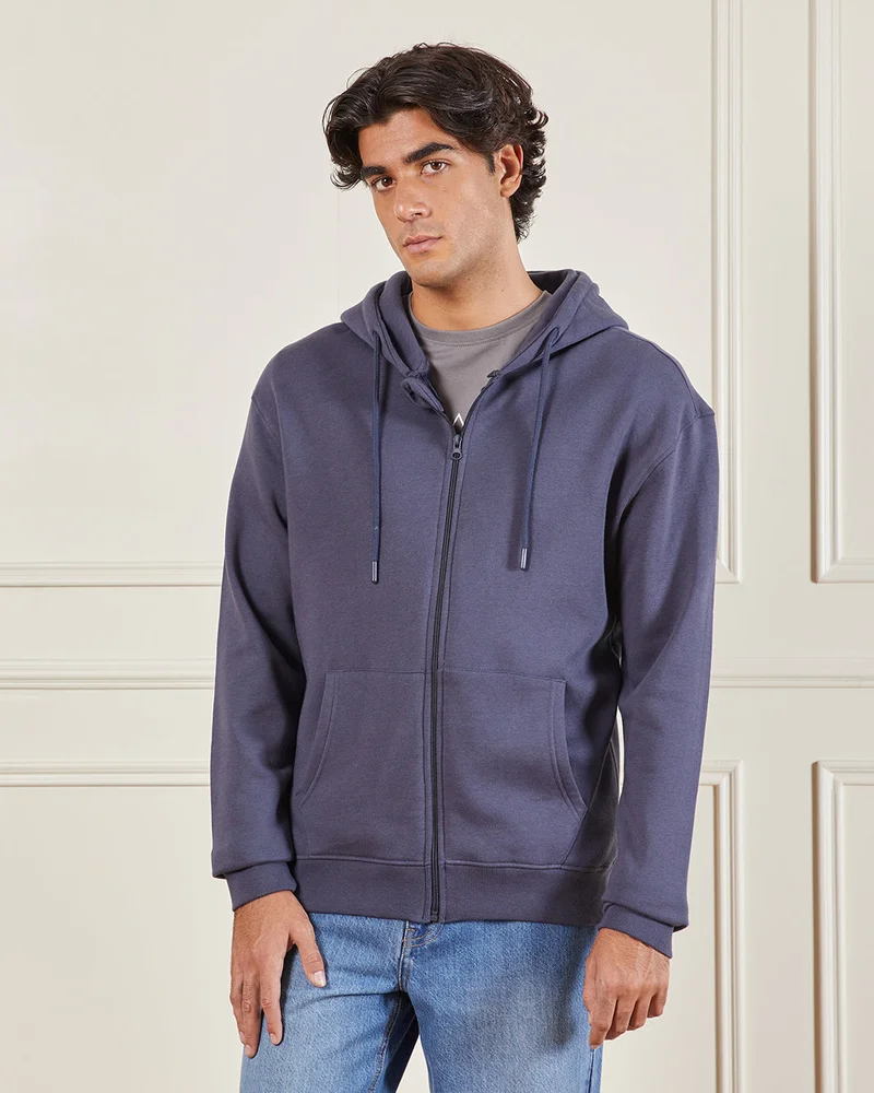 Redtag Men Blue Basic Hooded Sweatshirt