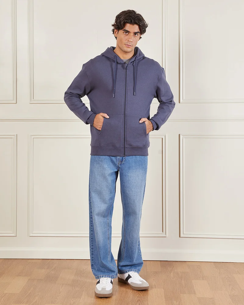 Redtag Men Blue Basic Hooded Sweatshirt