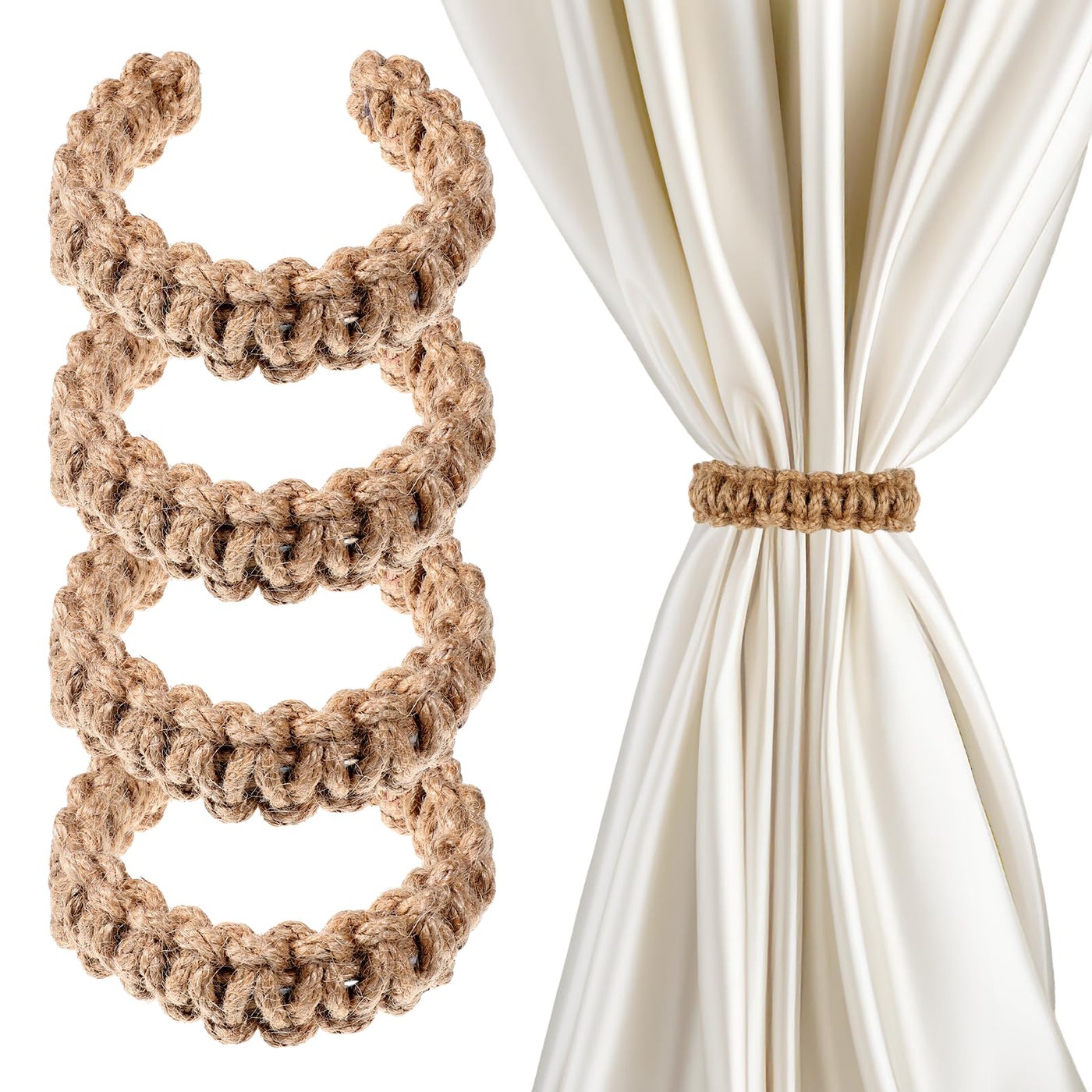 Ptwola 4 Pack Braided Curtain Tiebacks Boho Elegant Rustic Curtain Holdbacks Tie Backs Holders Set Simple Light Weight Drapes Decorative Accessories Handmade for Home Office Bedroom Window