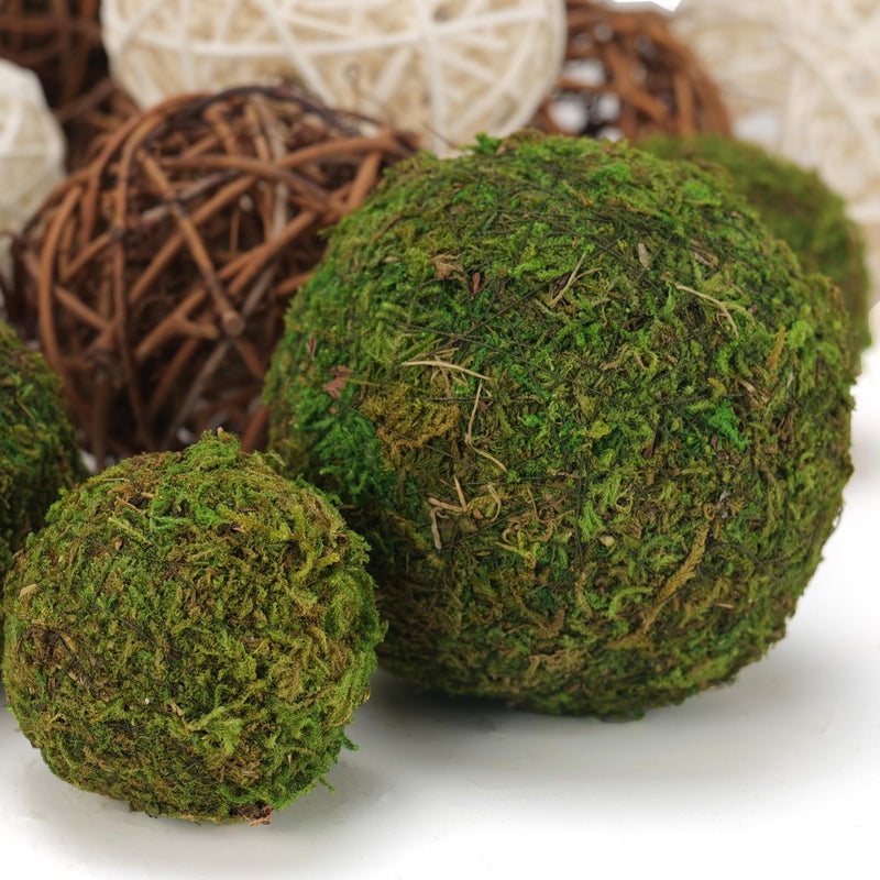 Usmola 18Pcs Decorative Balls For Centerpiece Bowl - 6Pcs Fake Moss Balls + 12Pcs Rattan Wicker Balls  Artificial Moss Decorative Balls Vase Fillers For Home Garden Wedding Party Decor (Rustic) - Image 3