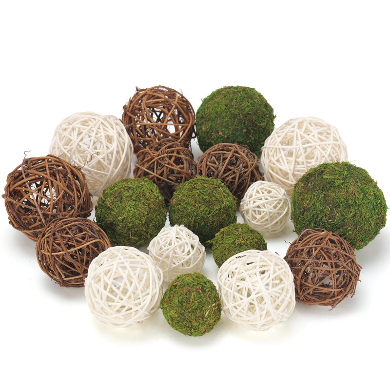 Usmola 18Pcs Decorative Balls For Centerpiece Bowl - 6Pcs Fake Moss Balls + 12Pcs Rattan Wicker Balls  Artificial Moss Decorative Balls Vase Fillers For Home Garden Wedding Party Decor (Rustic) - Image 1