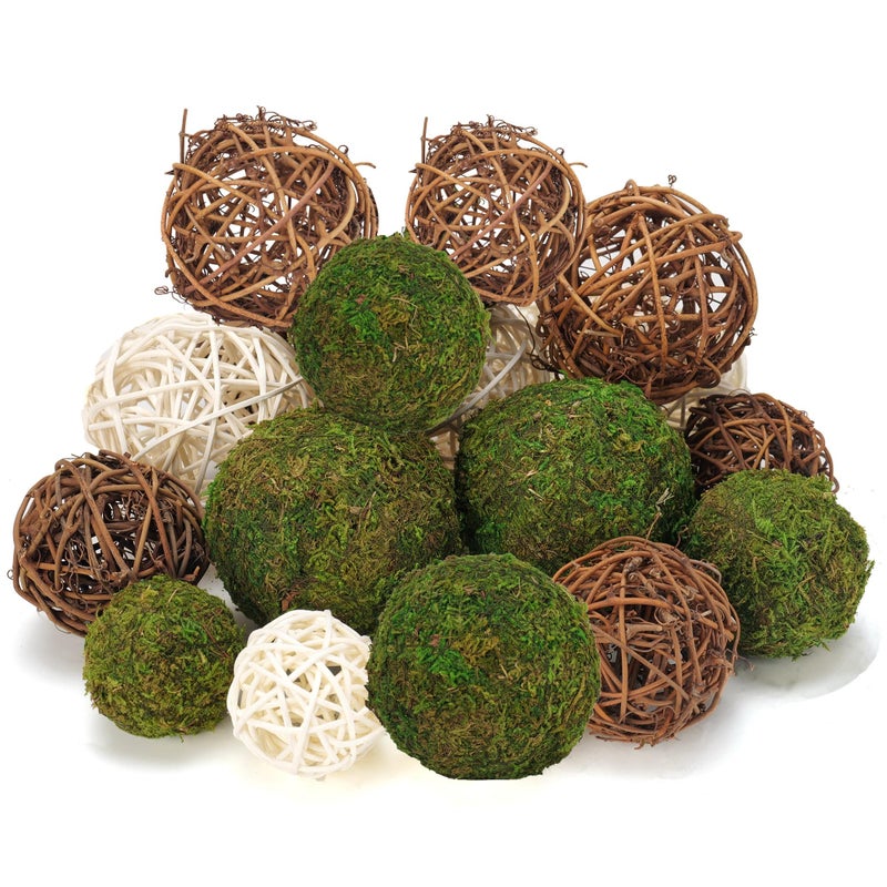 Usmola 18Pcs Decorative Balls For Centerpiece Bowl - 6Pcs Fake Moss Balls + 12Pcs Rattan Wicker Balls  Artificial Moss Decorative Balls Vase Fillers For Home Garden Wedding Party Decor (Rustic) - Image 2