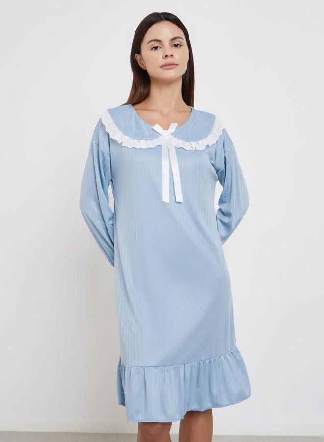 Take Two Take Two Blue Long Sleeve Nightdress with Lace Collar