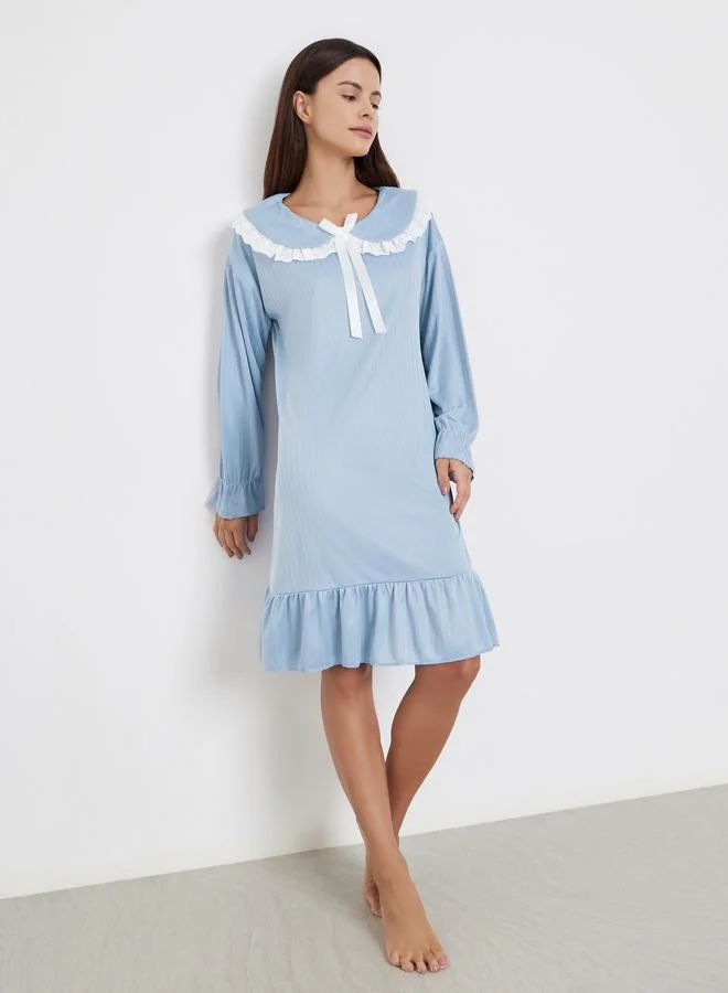 Take Two Take Two Blue Long Sleeve Nightdress with Lace Collar