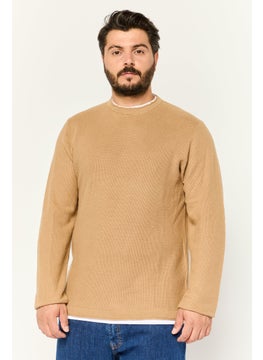 Men Crew Neck Textured Long Sleeves Sweatshirt, Brown