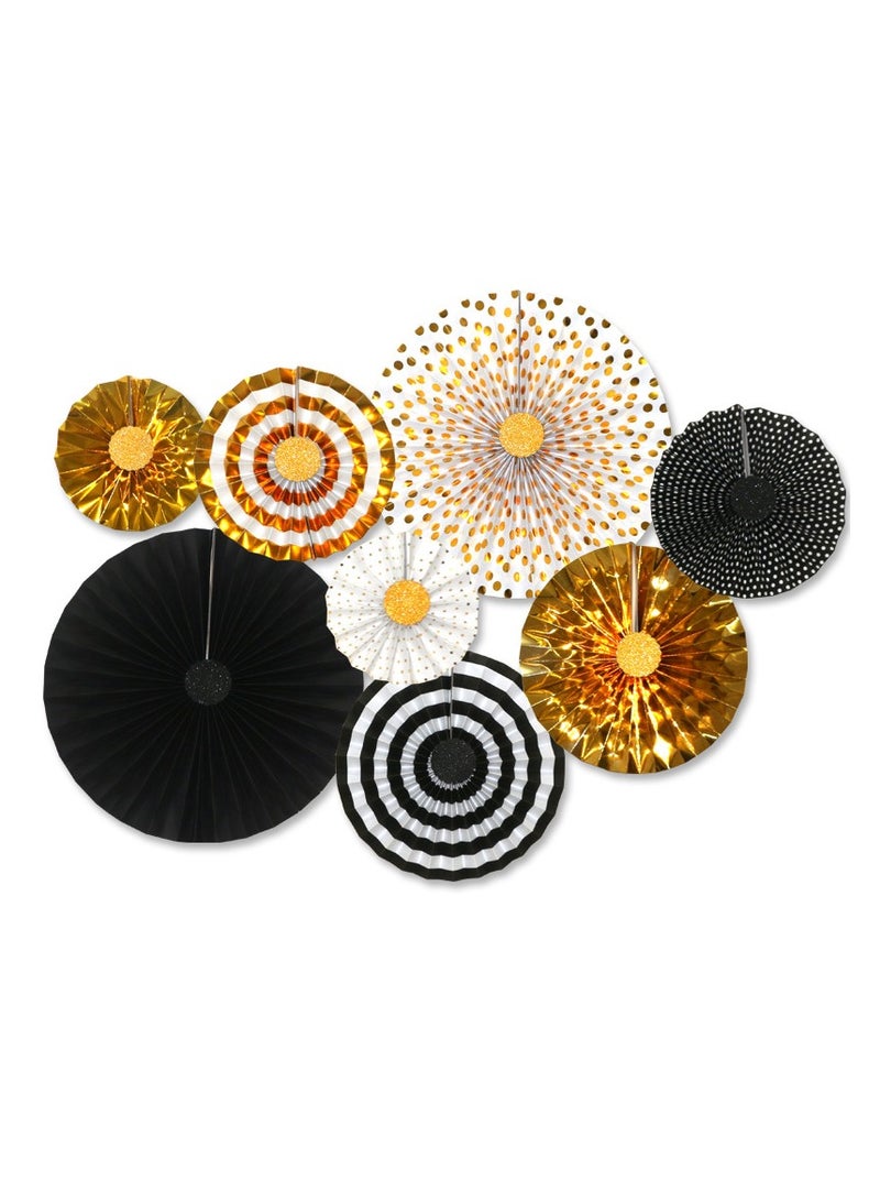 8Pcs Golden And Black Paper Fan Flowers Decoration For Birthday Party Wedding Baby Party, Party Backdrop Supplies For Ramadan,Moon Festival, Islamic & Lunar Theme Decor - Image 1