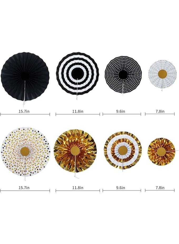 8Pcs Golden And Black Paper Fan Flowers Decoration For Birthday Party Wedding Baby Party, Party Backdrop Supplies For Ramadan,Moon Festival, Islamic & Lunar Theme Decor - Image 2