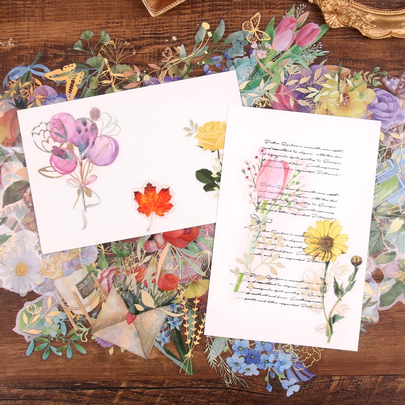 Dizdkizd Gilding Flower Stickers (240 Pieces) - Glitter Watercolor Transparent Stickers for Card Making Scrapbooking Envelopes Wrapped Gifts Arts and Crafts Journaling - Image 4