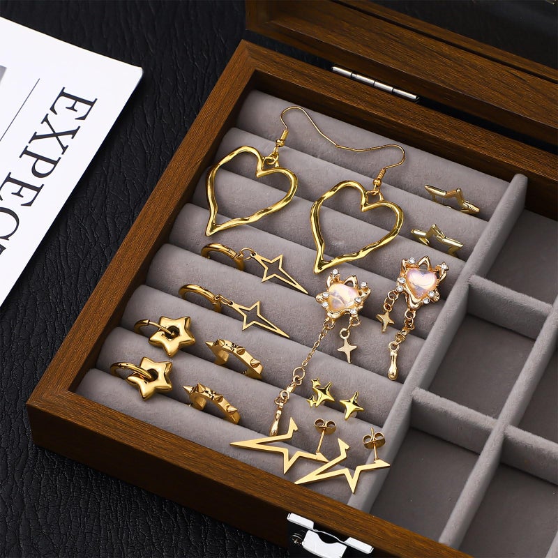 Quelay 8 Pairs Dangle Hoop Earrings for Men Women Punk Y2k Goth Gothic Tassel Chain Drop Star Moon Stud Huggie Earrings Gift(Star Style,Gold) - Image 4