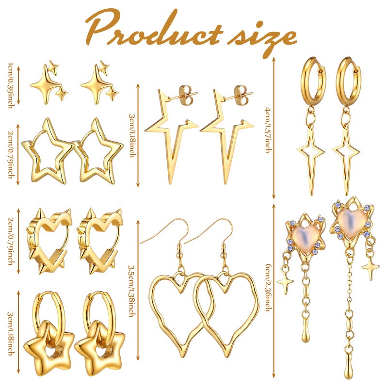 Quelay 8 Pairs Dangle Hoop Earrings for Men Women Punk Y2k Goth Gothic Tassel Chain Drop Star Moon Stud Huggie Earrings Gift(Star Style,Gold) - Image 2
