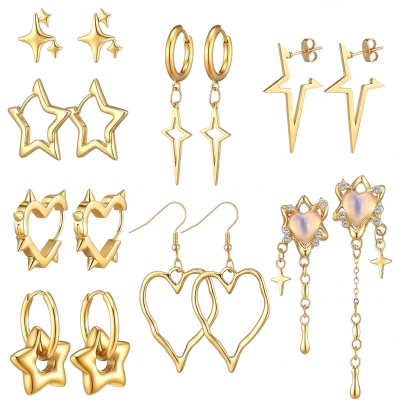 Quelay 8 Pairs Dangle Hoop Earrings for Men Women Punk Y2k Goth Gothic Tassel Chain Drop Star Moon Stud Huggie Earrings Gift(Star Style,Gold) - Image 1