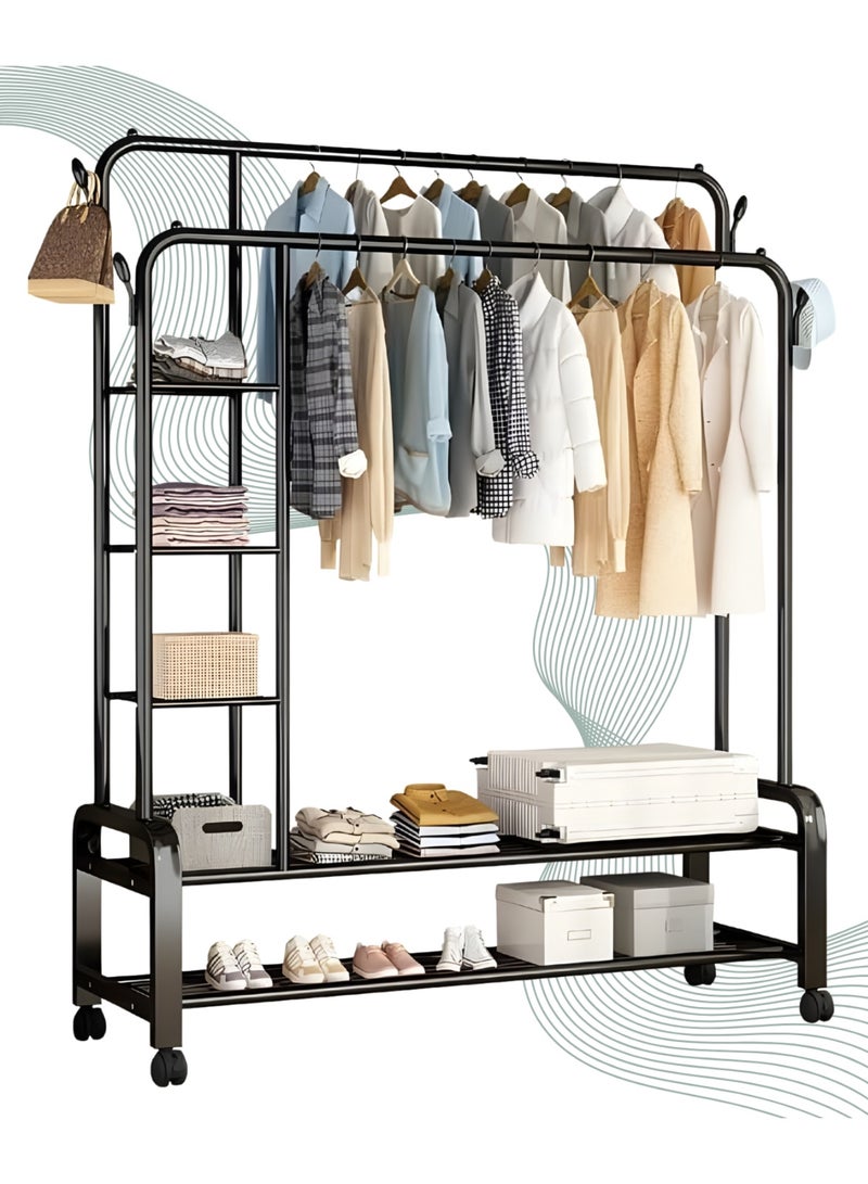 بيتشو رف ملابس متحرك شديد التحمل، رف ملابس مزدوج القضبان، رف ملابس متعدد الوظائف بعجلات، علاقة ملابس بخطافات جانبية، سهل التجميع، مناسب للمنزل والمكتب وغرفة النوم والمزيد - Image 1