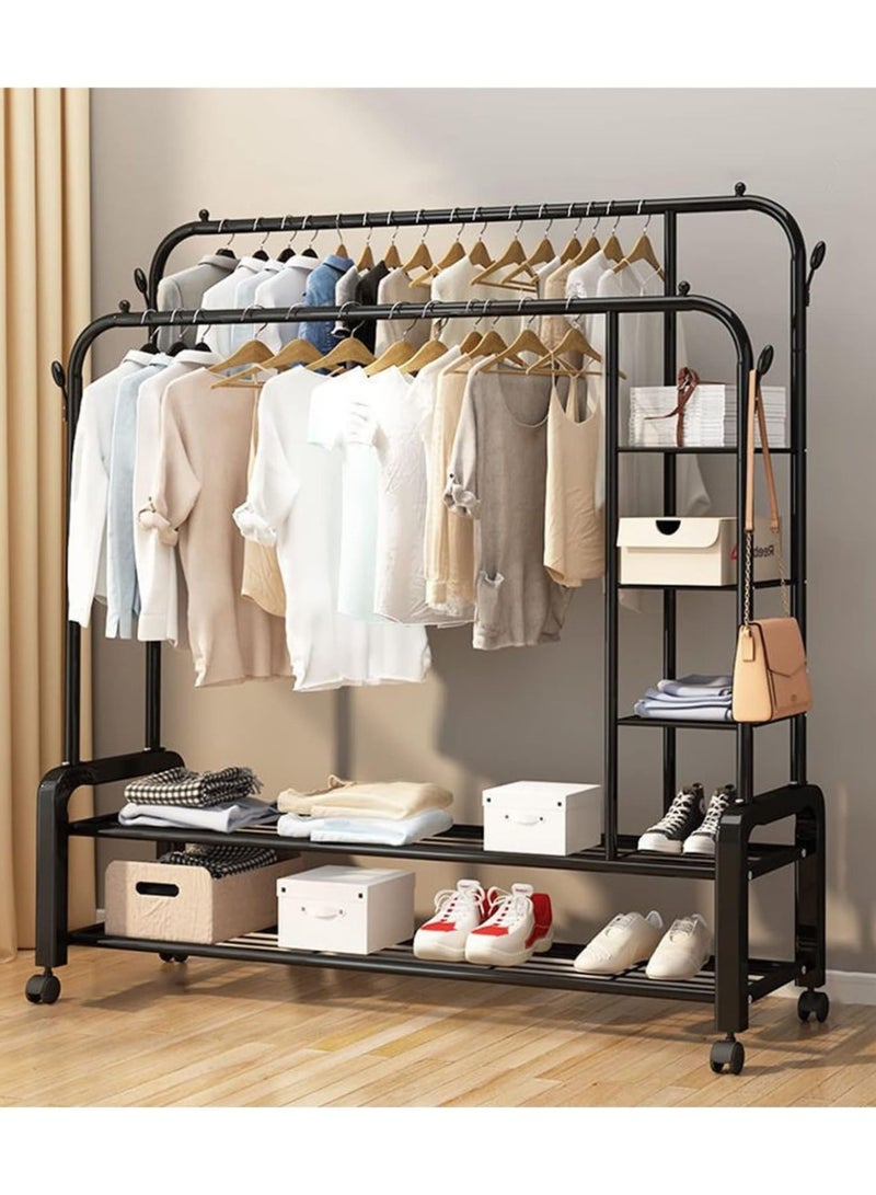 بيتشو رف ملابس متحرك شديد التحمل، رف ملابس مزدوج القضبان، رف ملابس متعدد الوظائف بعجلات، علاقة ملابس بخطافات جانبية، سهل التجميع، مناسب للمنزل والمكتب وغرفة النوم والمزيد - Image 2