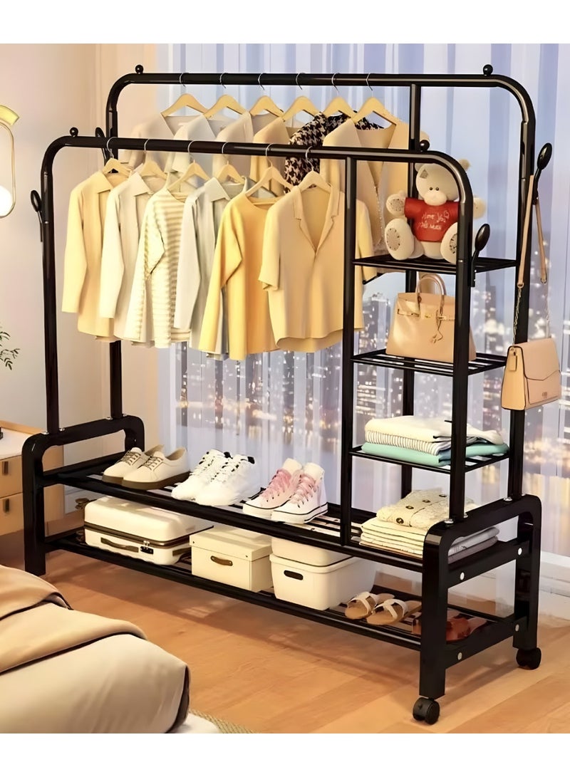 بيتشو رف ملابس متحرك شديد التحمل، رف ملابس مزدوج القضبان، رف ملابس متعدد الوظائف بعجلات، علاقة ملابس بخطافات جانبية، سهل التجميع، مناسب للمنزل والمكتب وغرفة النوم والمزيد - Image 3