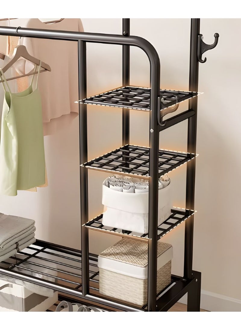 بيتشو رف ملابس متحرك شديد التحمل، رف ملابس مزدوج القضبان، رف ملابس متعدد الوظائف بعجلات، علاقة ملابس بخطافات جانبية، سهل التجميع، مناسب للمنزل والمكتب وغرفة النوم والمزيد - Image 5