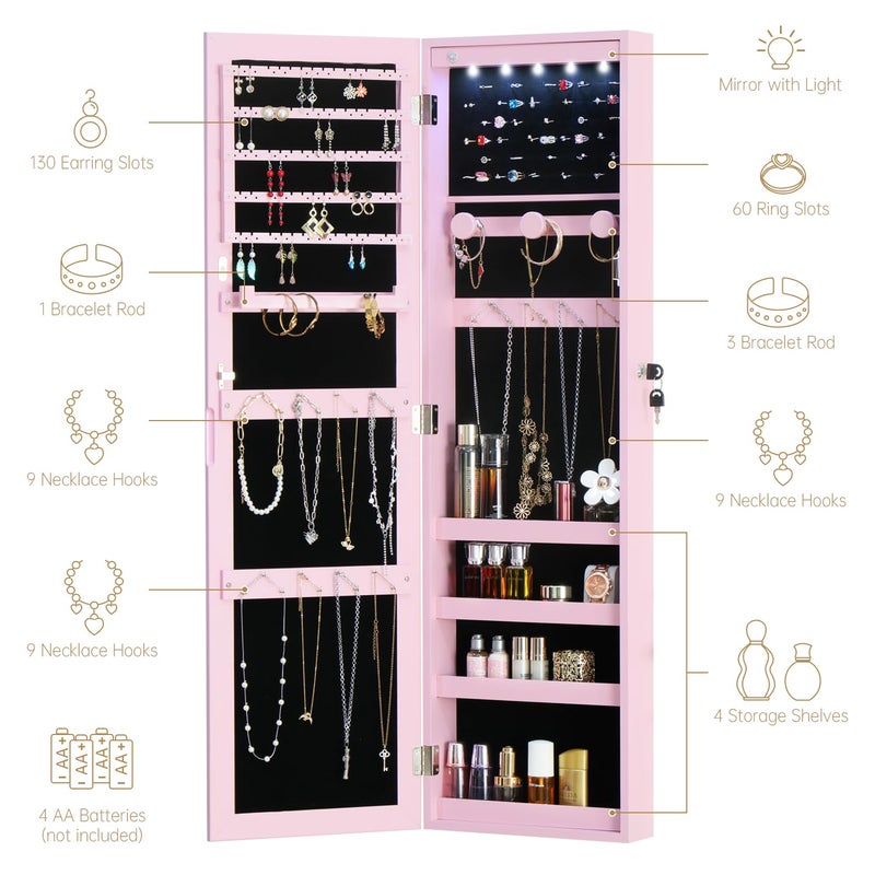MASMIRE Full Length Mirror Jewelry Cabinet Organizer Lockable Door Wall-Mounted Jewelry Armoire with Shelves and Behind the Door Storage Pink - Image 3