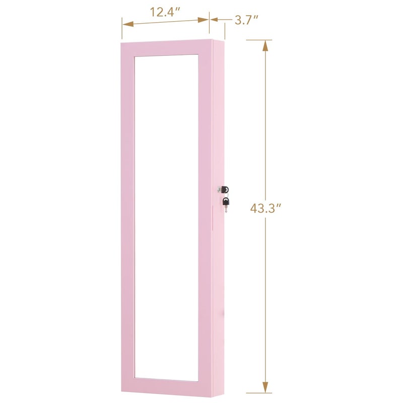MASMIRE Full Length Mirror Jewelry Cabinet Organizer Lockable Door Wall-Mounted Jewelry Armoire with Shelves and Behind the Door Storage Pink - Image 4