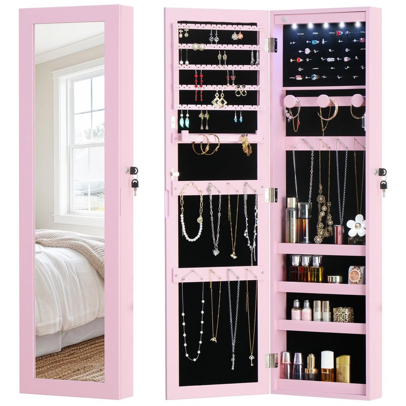 MASMIRE Full Length Mirror Jewelry Cabinet Organizer Lockable Door Wall-Mounted Jewelry Armoire with Shelves and Behind the Door Storage Pink - Image 1