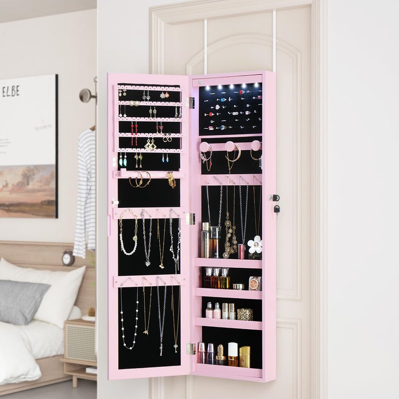 MASMIRE Full Length Mirror Jewelry Cabinet Organizer Lockable Door Wall-Mounted Jewelry Armoire with Shelves and Behind the Door Storage Pink - Image 5