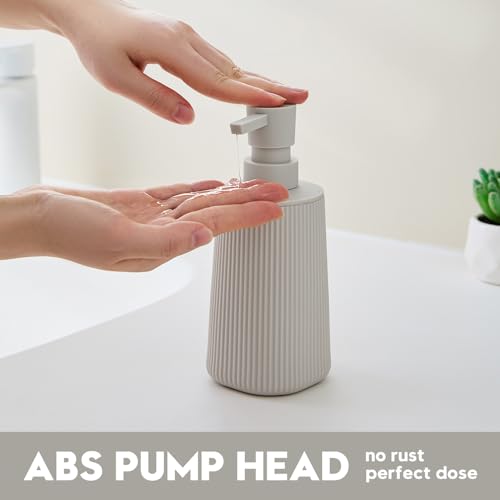YAUKPH Small Soap Dispenser for Bathroom and Kitchen, Modern Farmhouse Striped Style Plastic Hand Soap Dish Soap Dispenser with Pump Matte Beige - Image 3