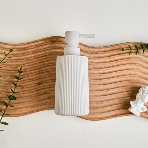 YAUKPH Small Soap Dispenser for Bathroom and Kitchen, Modern Farmhouse Striped Style Plastic Hand Soap Dish Soap Dispenser with Pump Matte Beige - Image 5