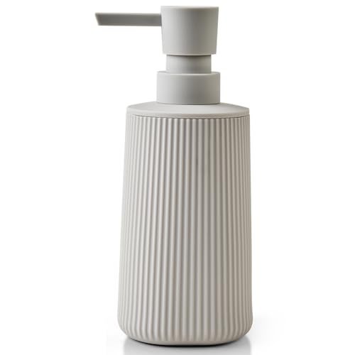 YAUKPH Small Soap Dispenser for Bathroom and Kitchen, Modern Farmhouse Striped Style Plastic Hand Soap Dish Soap Dispenser with Pump Matte Beige - Image 1