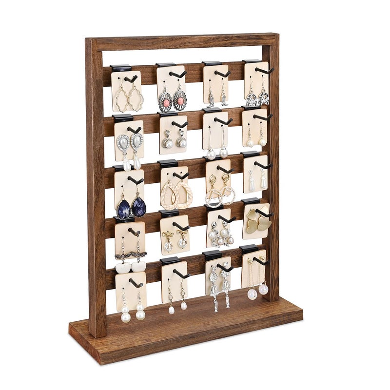 Ikee Design 5 Tiers Free Assemble Wooden Jewelry Display Rack with 20 Removable Metal HooksEarring Card Display StandJewelry OrganizerBracelet OrganizerKeychain Display StandBrown Color