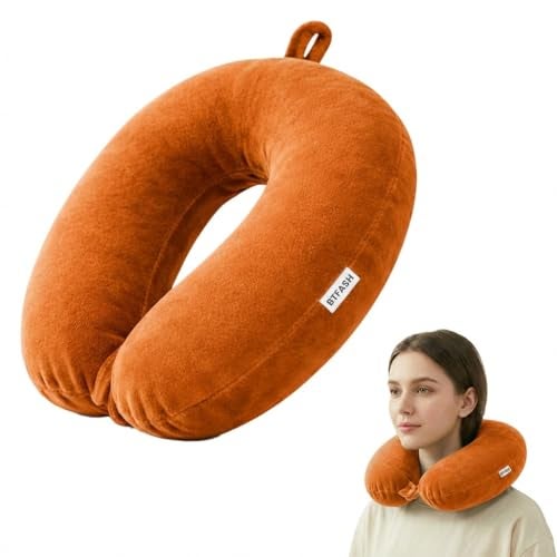 BTfash Travel Neck Pillow for Men & Women | Soft Fibre Cushion for Flight, Car & Train | Soft Velvet Fabric with Attachable Snap Strap | Cervical Support for Neck Pain Relief. Pack of 1 (Mustard orng) - Image 1