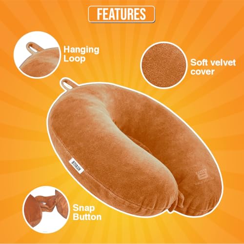 BTfash Travel Neck Pillow for Men & Women | Soft Fibre Cushion for Flight, Car & Train | Soft Velvet Fabric with Attachable Snap Strap | Cervical Support for Neck Pain Relief. Pack of 1 (Mustard orng) - Image 3