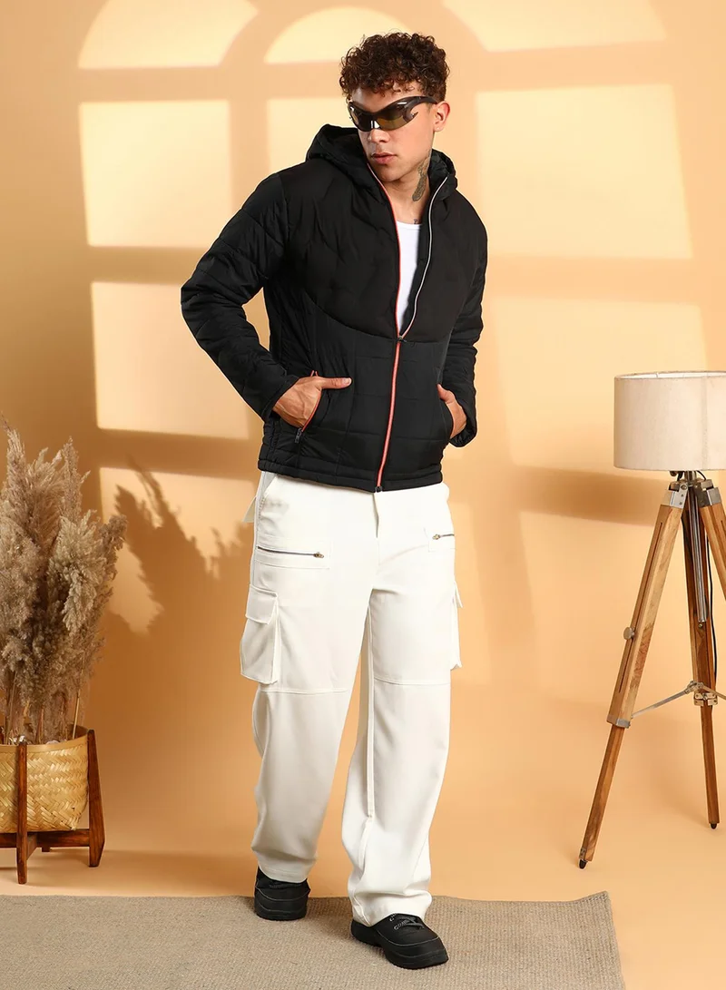 Campus Sutra Men's Black Puffer Jacket With Contrast Zipper