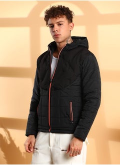 Campus Sutra Men's Black Puffer Jacket With Contrast Zipper  - Image 3
