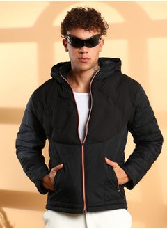 Campus Sutra Men's Black Puffer Jacket With Contrast Zipper  - Image 1