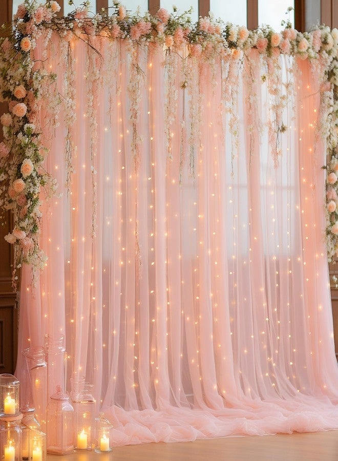 PARTISKY 10x10ft Peach Tulle Backdrop Curtain with Lights String for Parites, Sheer Photo Backdrop Curtains for Wedding Baby Shower Birthday Party Photo Shoot Background Decorations - Image 1