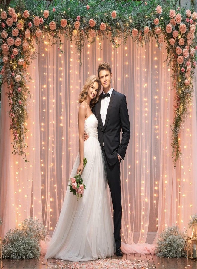 PARTISKY 10x10ft Peach Tulle Backdrop Curtain with Lights String for Parites, Sheer Photo Backdrop Curtains for Wedding Baby Shower Birthday Party Photo Shoot Background Decorations - Image 3
