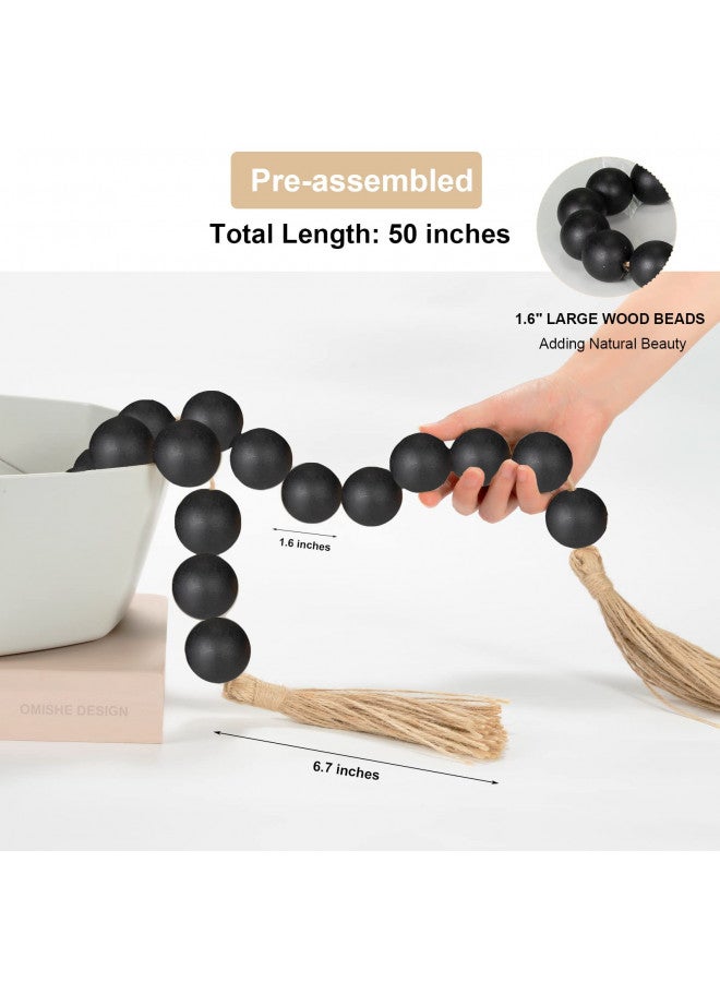 OMISHE 50" Long Large Wood Bead Garland with 1.6" Diameter Wooden Beads and Tassels, Rustic Farmhouse Country Wood Beads Garland for Home Tiered Tray Decor, Decorative Beads with Tassels Black - Image 1